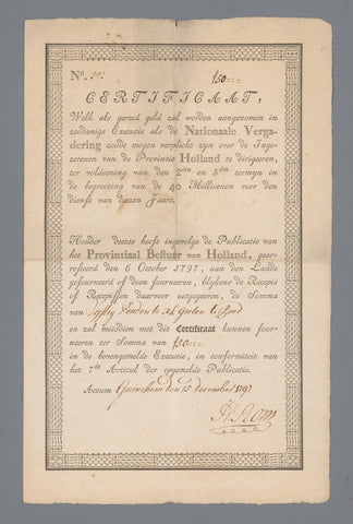 Certificate worth fifty pounds, no. 312 issued on 15 December 1797 in Gorinchem on behalf of the Provincial Government of Holland, anonymous, 1797 Canvas Print