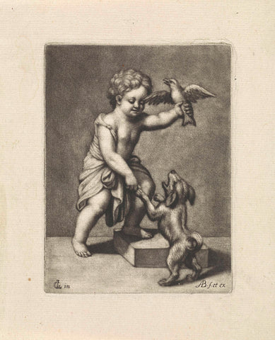 Boy with a dog and a bird, Abraham Bloteling, 1652 - 1690 Canvas Print