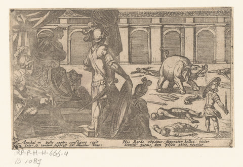 Gladiators fight with an elephant in an arena, Antonio Tempesta, 1605 Canvas Print