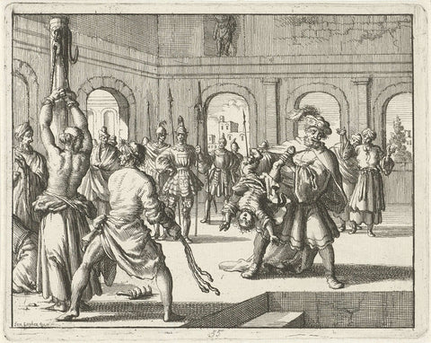 Julitta of Iconia flogged while her child is killed, Jan Luyken, 1685 Canvas Print