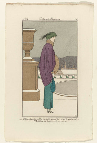 Journal des Dames et des Modes, 1912, Costumes Parisiens, no. 38: Manteau de velvet violet (...), anonymous, 1912 Canvas Print