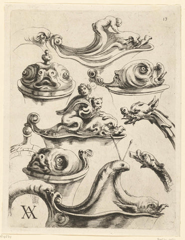 Six lids and two spouts for jugs, Theodorus van Kessel, 1646 - 1652 Canvas Print