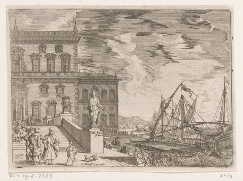 Harbour view with a galley in front of a palace, Johann Wilhelm Baur, 1686 - 1724 Canvas Print