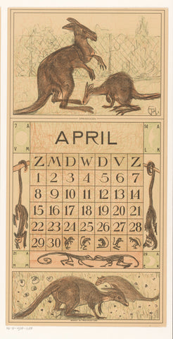 Calendar April with kangaroos, Theo van Hoytema, 1916 Canvas Print