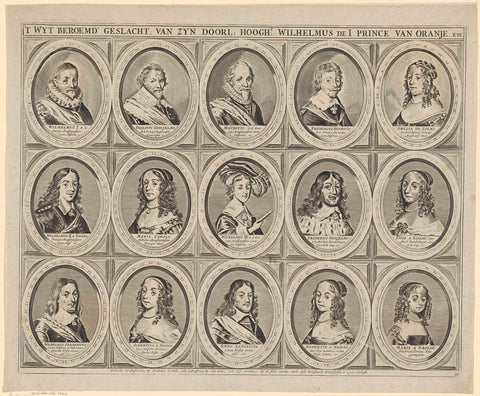 Portraits of William I, Prince of Orange, his sons Philip William, Maurice and Frederick Henry, Princes of Orange, Amalia of Solms, their son with wife, their daughters with husbands, and a grandchild, anonymous, c. 1645 - 1706 Canvas Print