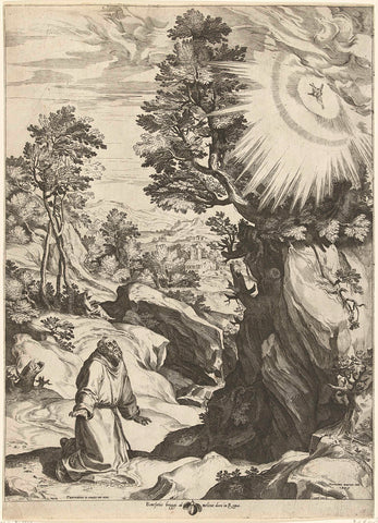 Landscape with the vision of St. Francis of Assisi, Cornelis Cort, 1575 Canvas Print