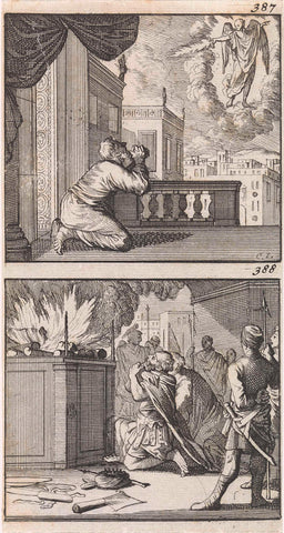 King David sees the angel of death / King David kneels before the altar on the threshing floor, Caspar Luyken, 1698 Canvas Print