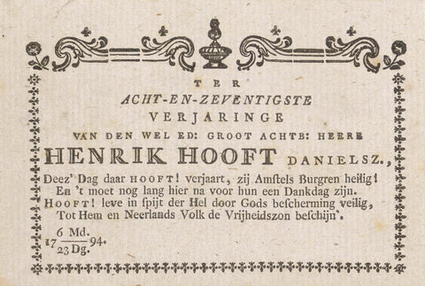 Card at the 78th birthday of Hendrik Hooft Danielsz., anonymous, 1794 Canvas Print