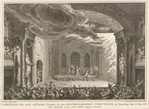 Flames on the stage of the Amsterdam theatre, 1772, Simon Fokke, 1772 Canvas Print