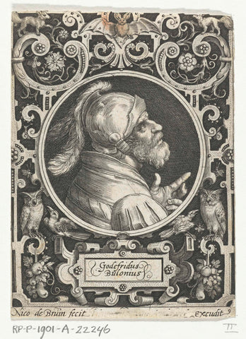 Portrait of Godfrey of Bouillon in medallion inside rectangular frame with ornaments, Nicolaes de Bruyn, 1594 Canvas Print