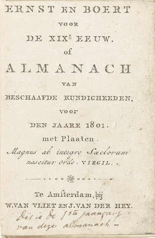 Title page for: Ernst en Boert voor de XIXe eeuw of Almanach van beschaafde kundigheden voor den jaare 1801, Willem van Vliet, 1800 - 1801 Canvas Print