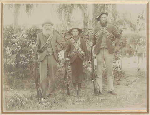 Group portrait of three participants in the Second Boer War: P.J. Lemmer (65), J.D.L. Botha (15) and G.J. Pretorius (43), Jan van Hoepen (attributed to), 1900 Canvas Print