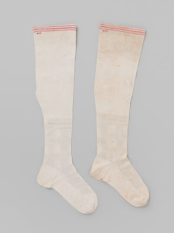 Stocking of white knitted cotton, ajour fantasy pattern on latch and instep, anonymous, c. 1850 - c. 1900 Canvas Print