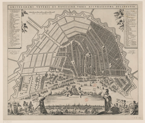 Map of Amsterdam with cityscape and design for the Fourth Explanation, Pieter Hendricksz. Schut (possibly), Nicolaes Visscher (I), 1662 - 1664 Canvas Print