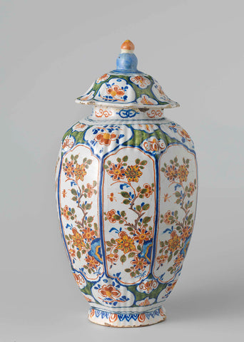 Lidded jar, round with octagonal wall and polychrome painted with flower and leaf vines in cartouches, De Twee Scheepjes, 1707 - 1727 Canvas Print