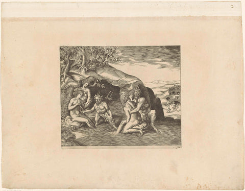 Three nymphs and two satyrs bathing, anonymous, 1550 - 1570 Canvas Print