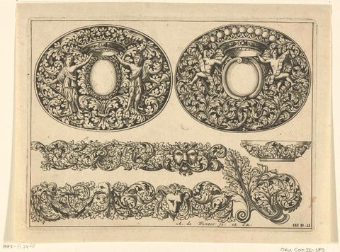 Two oval lids for boxes, two leaf vines, a small plate and a corner motif of leaf vines, Anthonie de Winter, 1696 Canvas Print