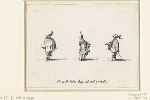 Lady, a slip of her skirt over the right arm, seen on the back, between two gentlemen, Jacques Callot, 1633 - 1635 Canvas Print