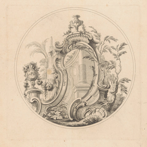 Cartouche in landscape with fountains, anonymous, 1752 Canvas Print