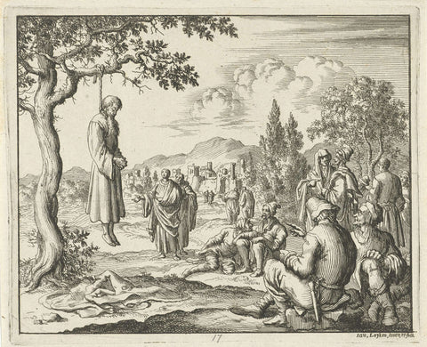 Lucas hung from an olive tree, Jan Luyken, 1685 Canvas Print