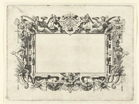 Empty cartouche with a scroll and hardware rim with writing attributes, Johannes or Lucas van Doetechum (attributed to), c. 1571 - c. 1580 Canvas Print