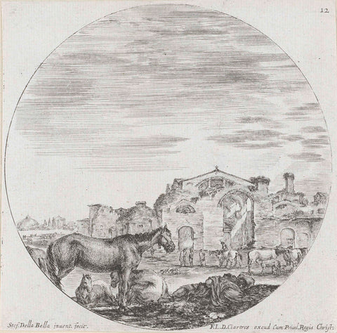 Sleeping Shepherd and Horses in a Landscape with the Baths of Diocletian, Stefano della Bella, 1620 - 1664 Canvas Print