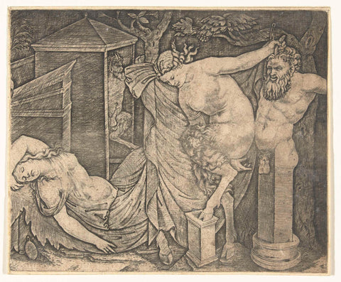 Fragment of bacchanal with satyr woman and herme and sleeping bacchante, Marcantonio Raimondi, 1510 - 1527 Canvas Print