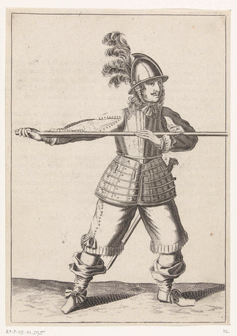 Soldier carrying his skewer with both hands horizontally at shoulder height, his right hand at the foot of the coat of arms, ca. 1645, Petrus Rucholle, 1645 - 1647 Canvas Print