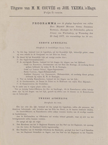 Programme for the solemn funeral of the late Her Majesty Mrs Sophia Frederika Mathilda, Queen of the Netherlands, born Princess of Wurtemburg, on Wednesday 20 June 1877, the morning at 10 am, M.M. Couvée, 1877 Canvas Print