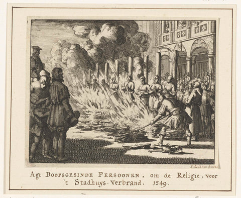 Eight Anabaptists burned at the stake on dam square in front of the town hall, 1549, Jan Luyken, 1691 - 1693 Canvas Print