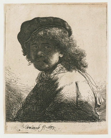 Self-portrait in a cap and scarf with the face dark: bust, Rembrandt van Rijn, 1633 Canvas Print