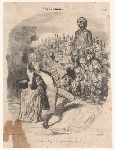 Vintner scares couple of grape picking, Honoré Daumier, 1845 Canvas Print