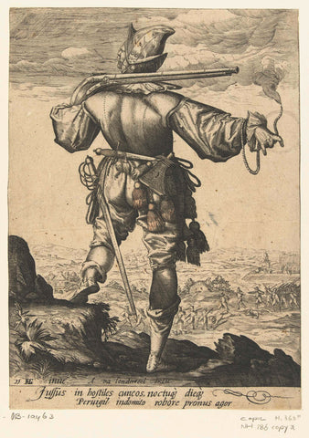 Musketeer (harquebusier?) with helmet on, anonymous, 1587 - 1595 Canvas Print