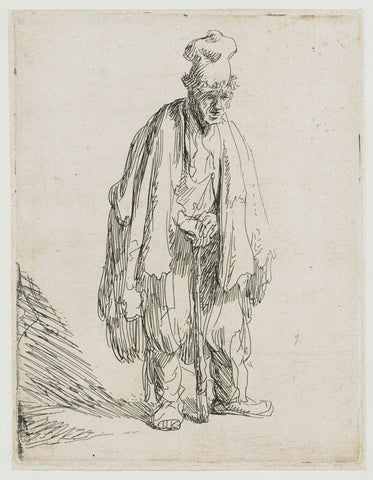 Beggar in a high cap, standing and leaning on a stick, Rembrandt van Rijn, c. 1629 Canvas Print