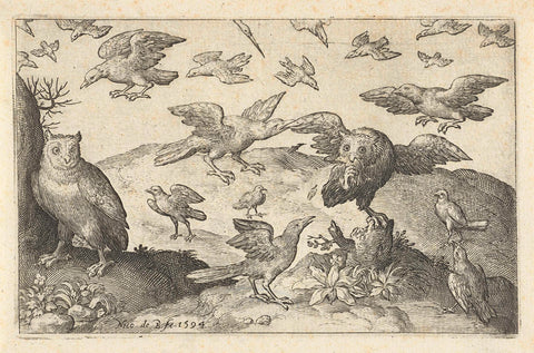 Uil met prooi belaagd door andere vogels, Nicolaes de Bruyn, 1594 Canvas Print