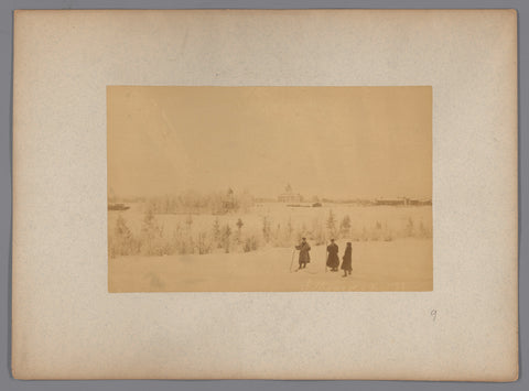 View of Gällivare in the snow, in the foreground three people, anonymous, 1888 Canvas Print