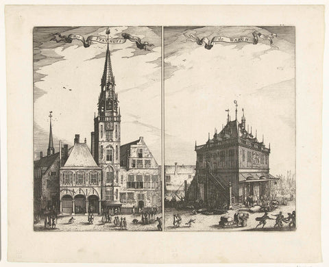 The Old Town Hall and the Waag on Dam Square in Amsterdam, Claes Jansz. Visscher (II), c. 1601 - 1612 Canvas Print