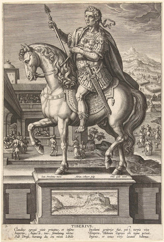 Emperor Tiberius on horseback, Adriaen Collaert, 1587 - 1589 Canvas Print