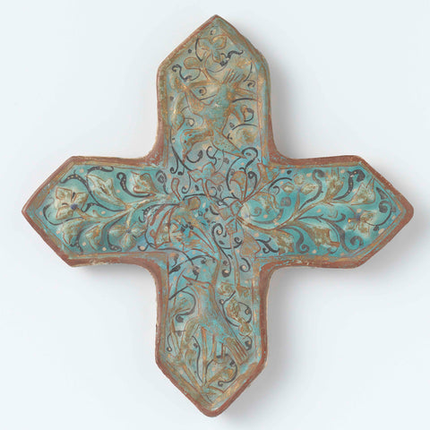 Tile in the shape of a cross with scrolls and birds, anonymous, c. 1250 - c. 1299 Canvas Print