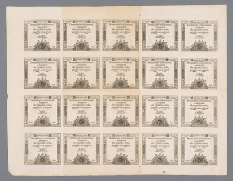 Sheet with 20 assignats of fifteen solos, series 698 issued May 23, 1793, Nicolas Marie Gatteaux, 1793 Canvas Print