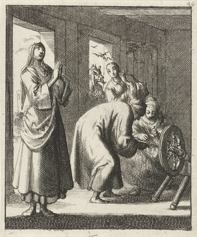 Women praying and purring in an interior, at the window Satan whispers a fourth woman in her ear, Jan Luyken, 1687 Canvas Print