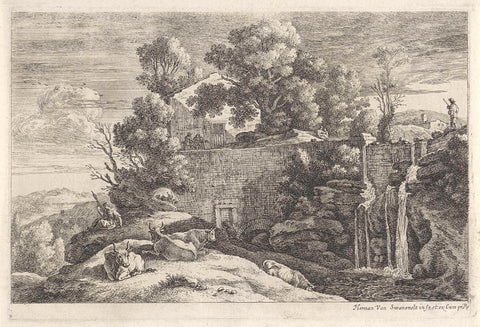 Landscape with cows and a spinster, Herman van Swanevelt, 1650 - 1655 Canvas Print