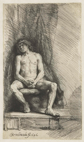 Nude Young Man, Seated before a Curtain, Rembrandt van Rijn, 1646 Canvas Print