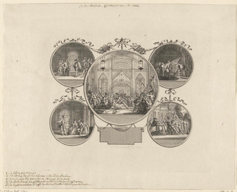 Leaf with five scenes from Vondel's Gijsbrecht van Amstel, Simon Fokke, 1775 Canvas Print