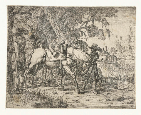 Peeing rider at resting horse with man and rider on horseback, Pieter Bodding van Laer (possibly), 1602 - 1642 Canvas Print