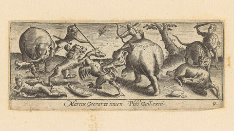 Landscape with hunters, elephants, lion and leopard, Marcus Gheeraerts (I), 1570 - 1612 Canvas Print