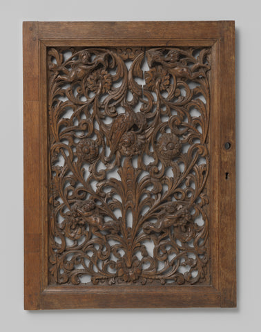 Panel with openwork symmetrical ornament of acanthus vines with flowers and putti and in the middle an eagle on flower, , c. 1650 - c. 1699 Canvas Print