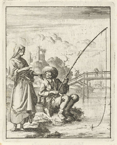 Woman in conversation with an angler, Jan Luyken, 1687 Canvas Print