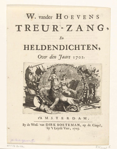 Title page for W. van der Hoevens Treur-Zang en Heldendichten, Over den Jaare 1702, anonymous, 1703 Canvas Print