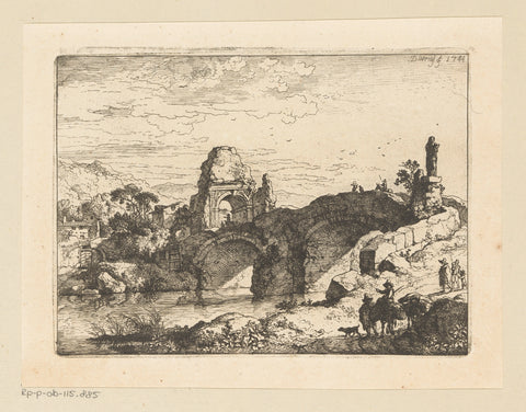 Landscape with the ruin of a gate next to a dilapidated bridge, Christian Wilhelm Ernst Dietrich, 1744 Canvas Print